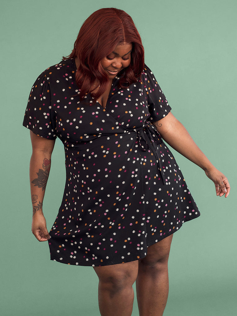 Marta Black Daisies Wrap Dress