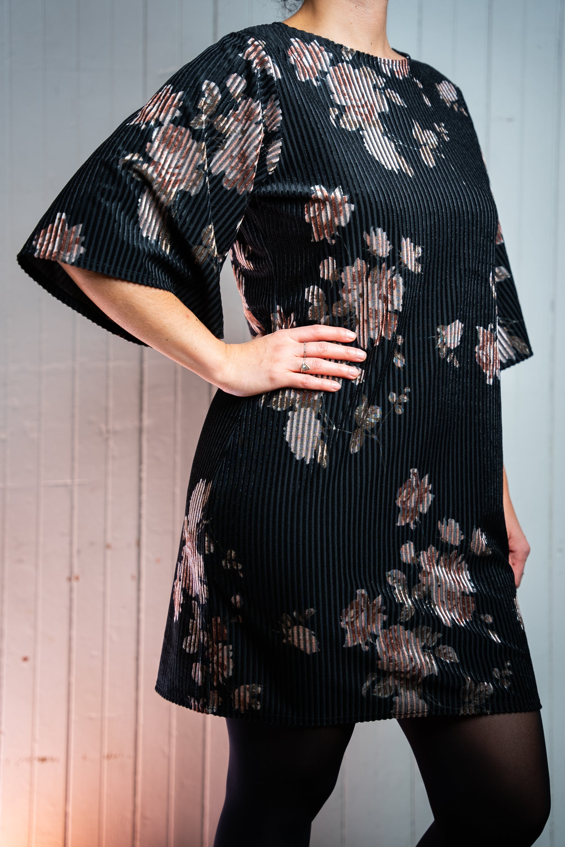 Robe velour à fleur - Noir