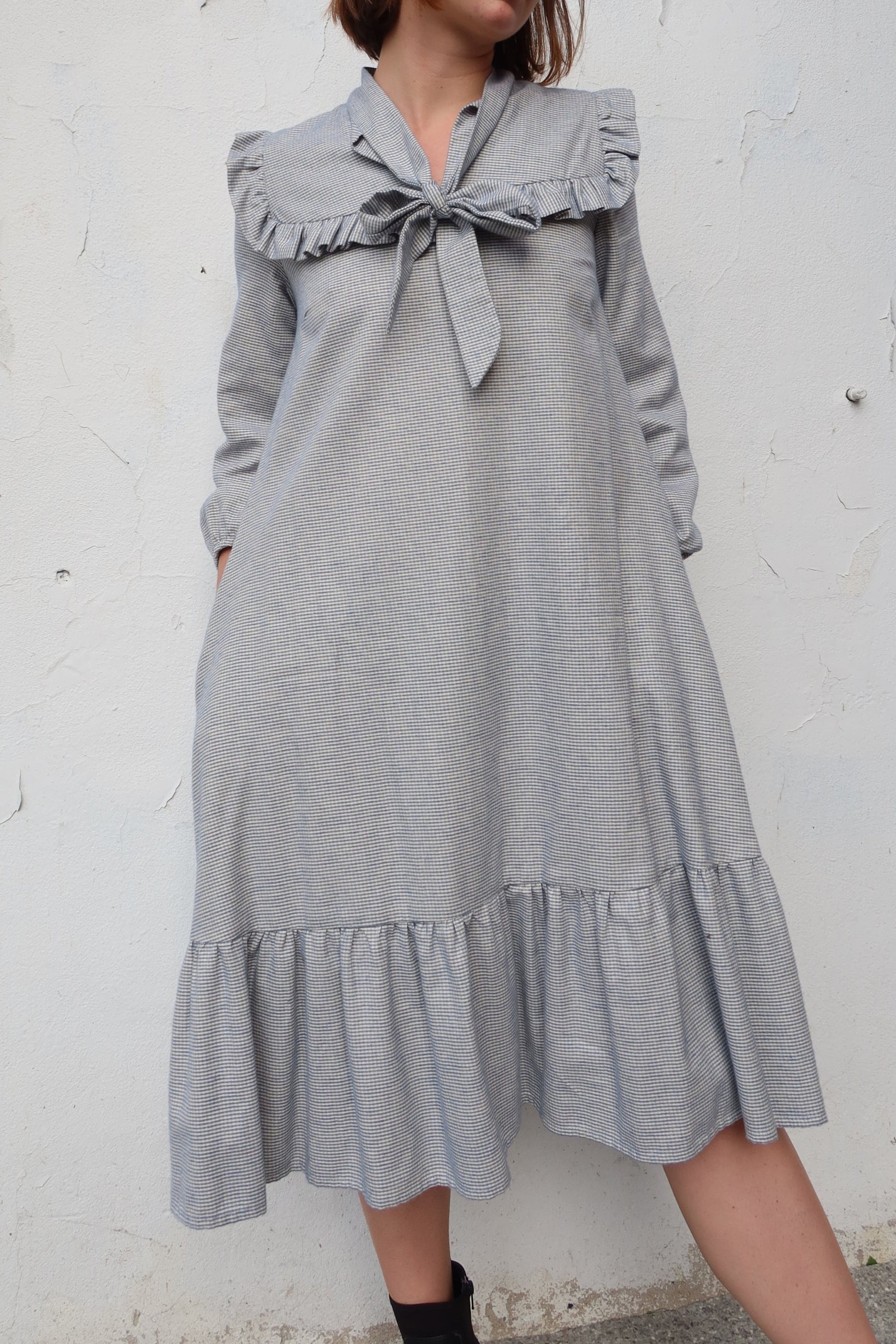 Robe petits carreaux à froufrou - Céleste