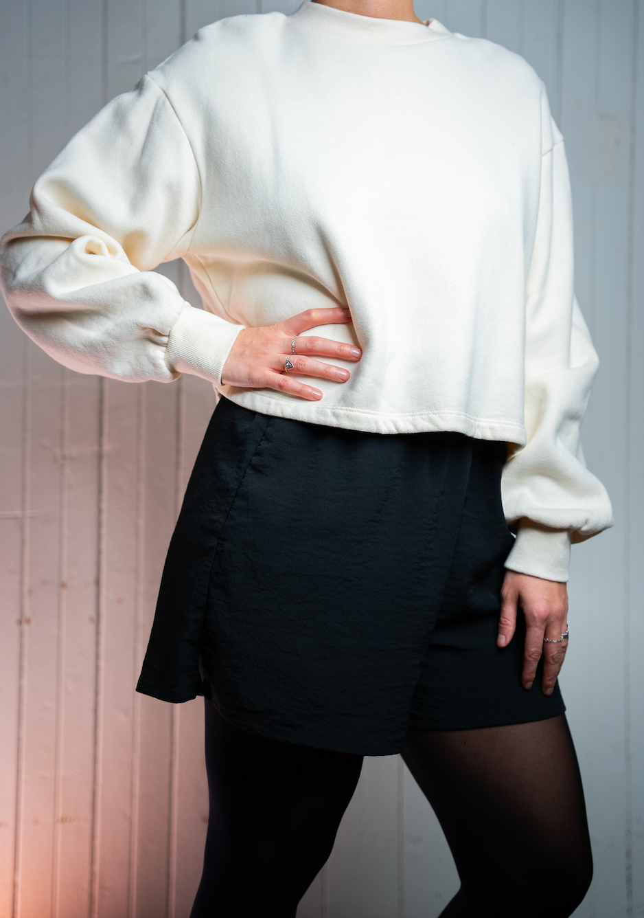 Pull crop manche longue et large - Crème