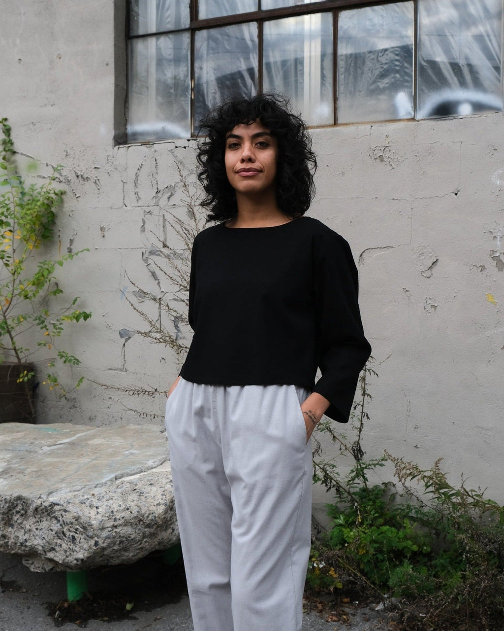Pantalon ample, flanelle de coton - Gris pâle