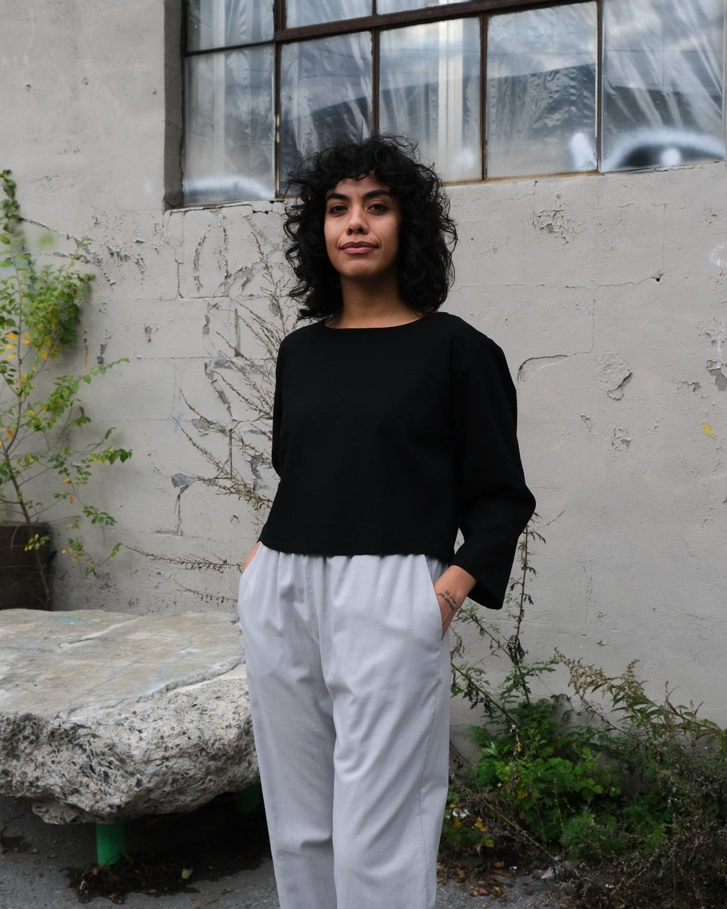 Pantalon ample, flanelle de coton - Gris pâle