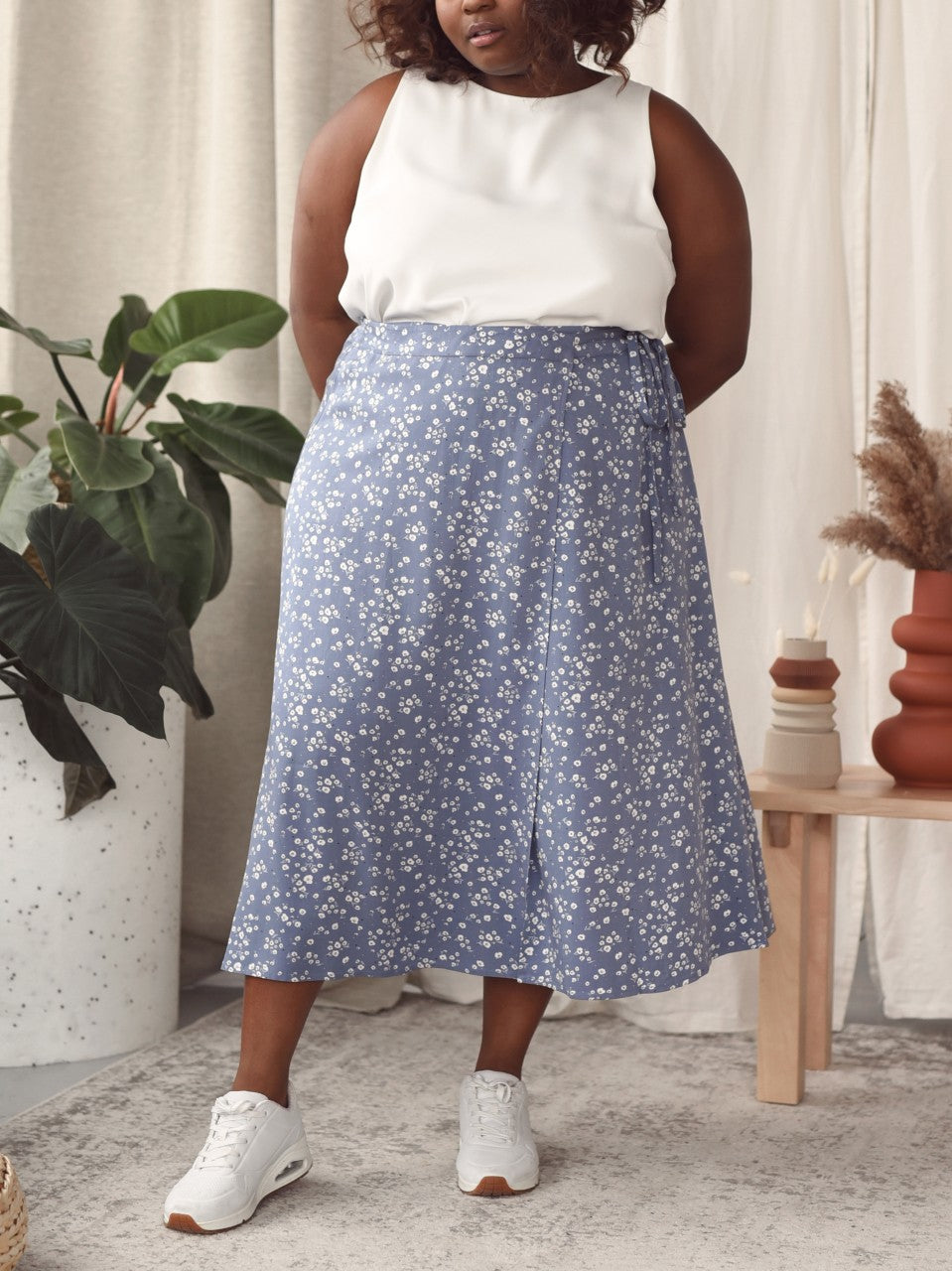 Jupe Midi Enveloppante Fleurie Bleue