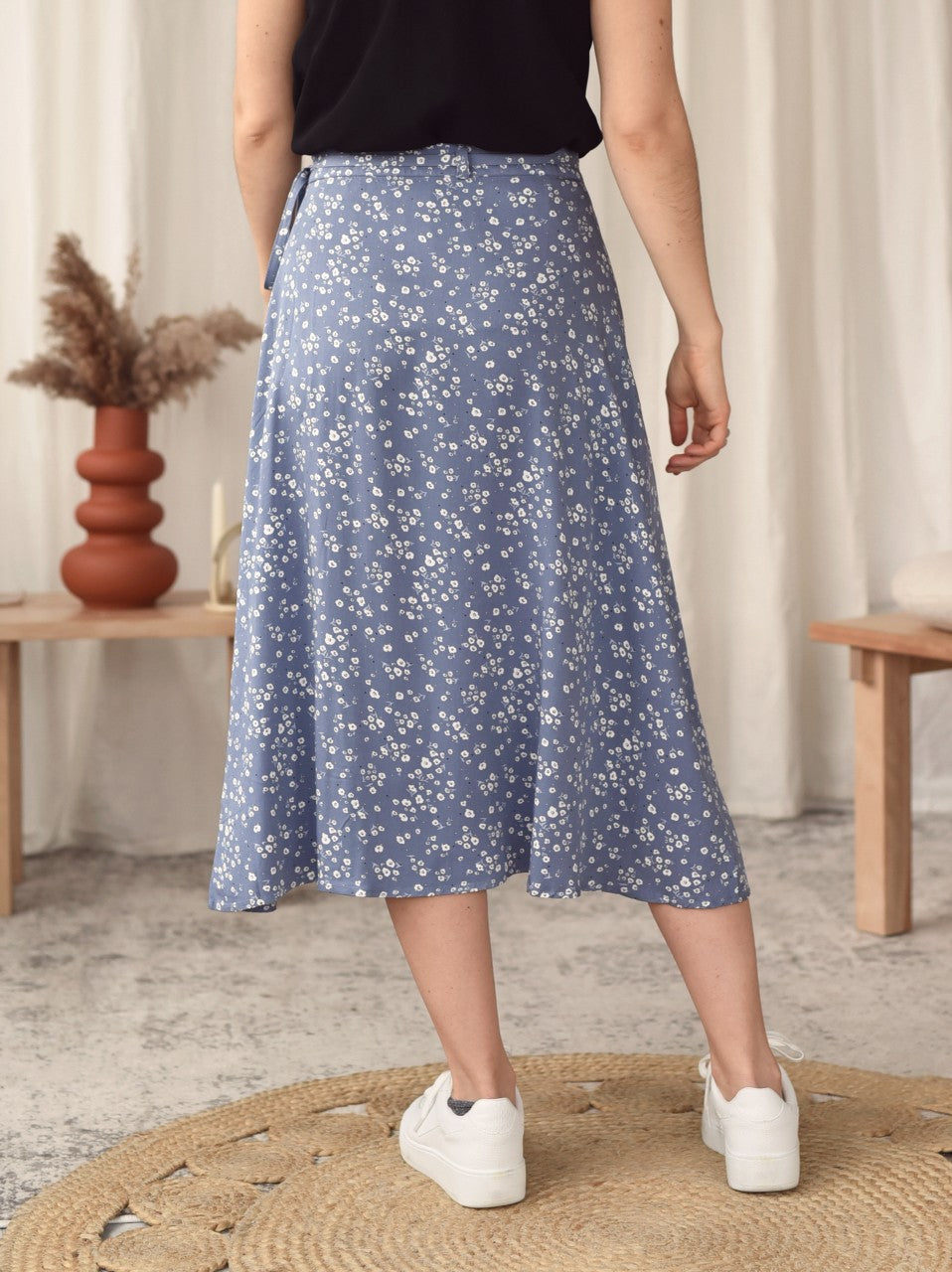 Jupe Midi Enveloppante Fleurie Bleue