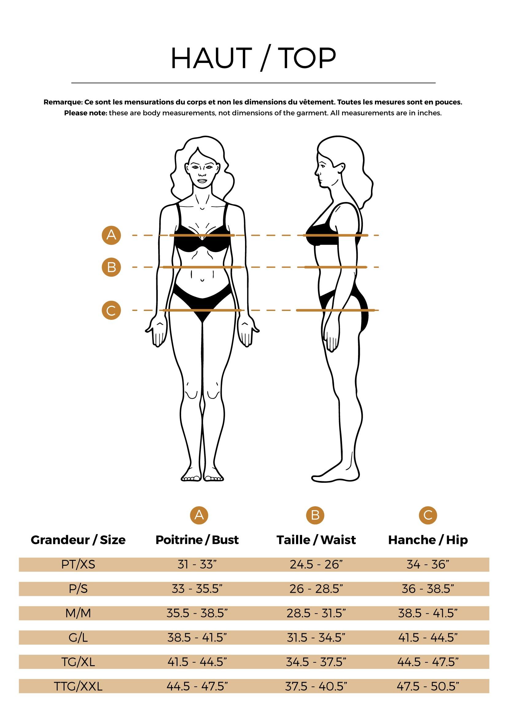 Guide des tailles de la camisole Astrale écoresponsable Rose Buddha. / Size guide for the eco-responsible Rose Buddha Astral tank top.