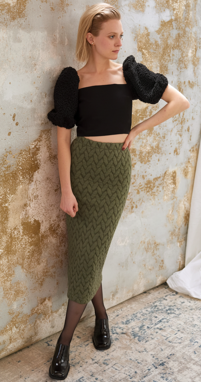 Jupe longue verte kaki avec une fente - Garance