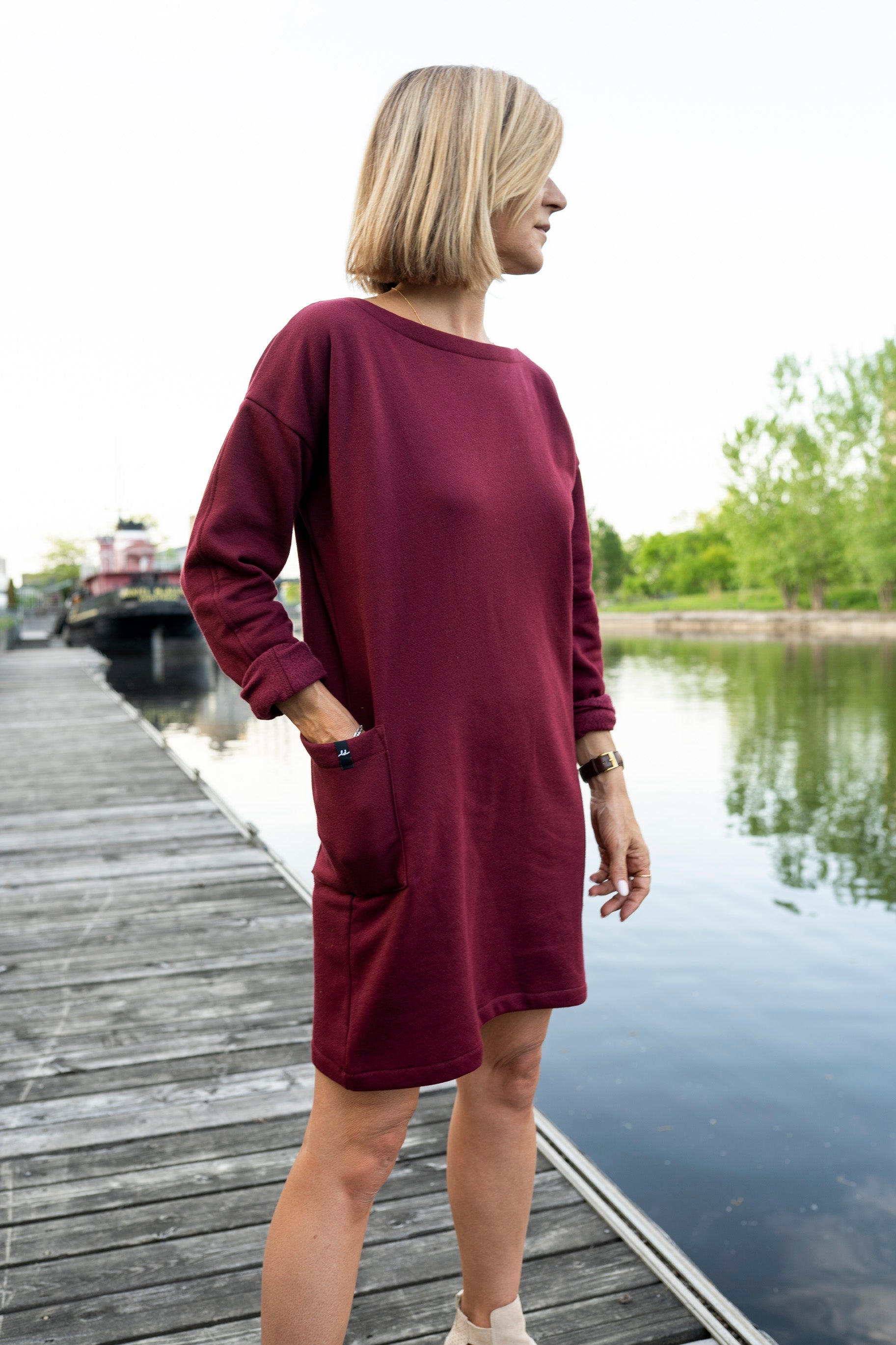 Robe col bateau rouge bordeaux
