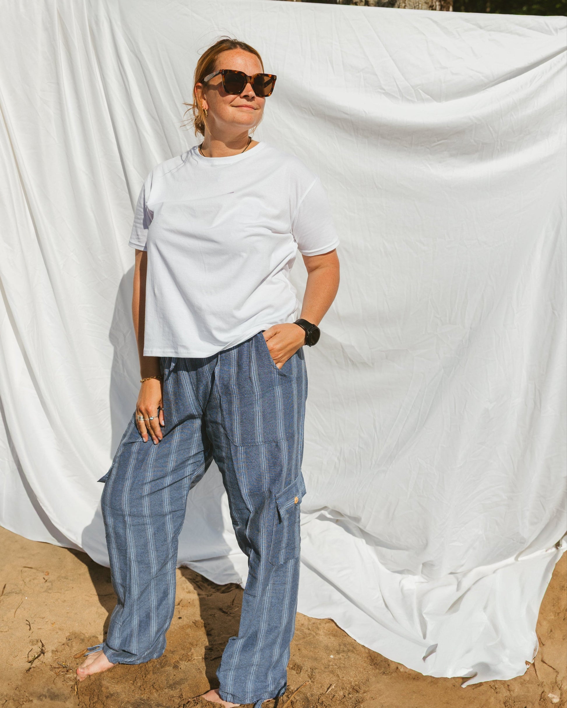 summer pants, elastic waistband, made in Ecuador, made ethically, cargo pants style, 100% cotton, pantalon d'été, taille élastique, fait en Équateur, fait de façon éthique, style pantalon cargo, Les Saisons